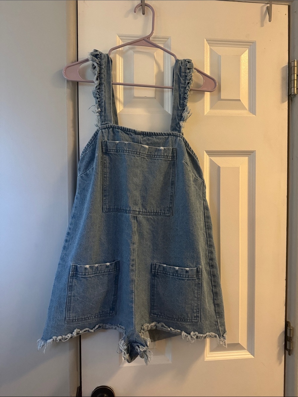 Show Me Your MuMu Light Blue Denim Romper with Frayed Trim
